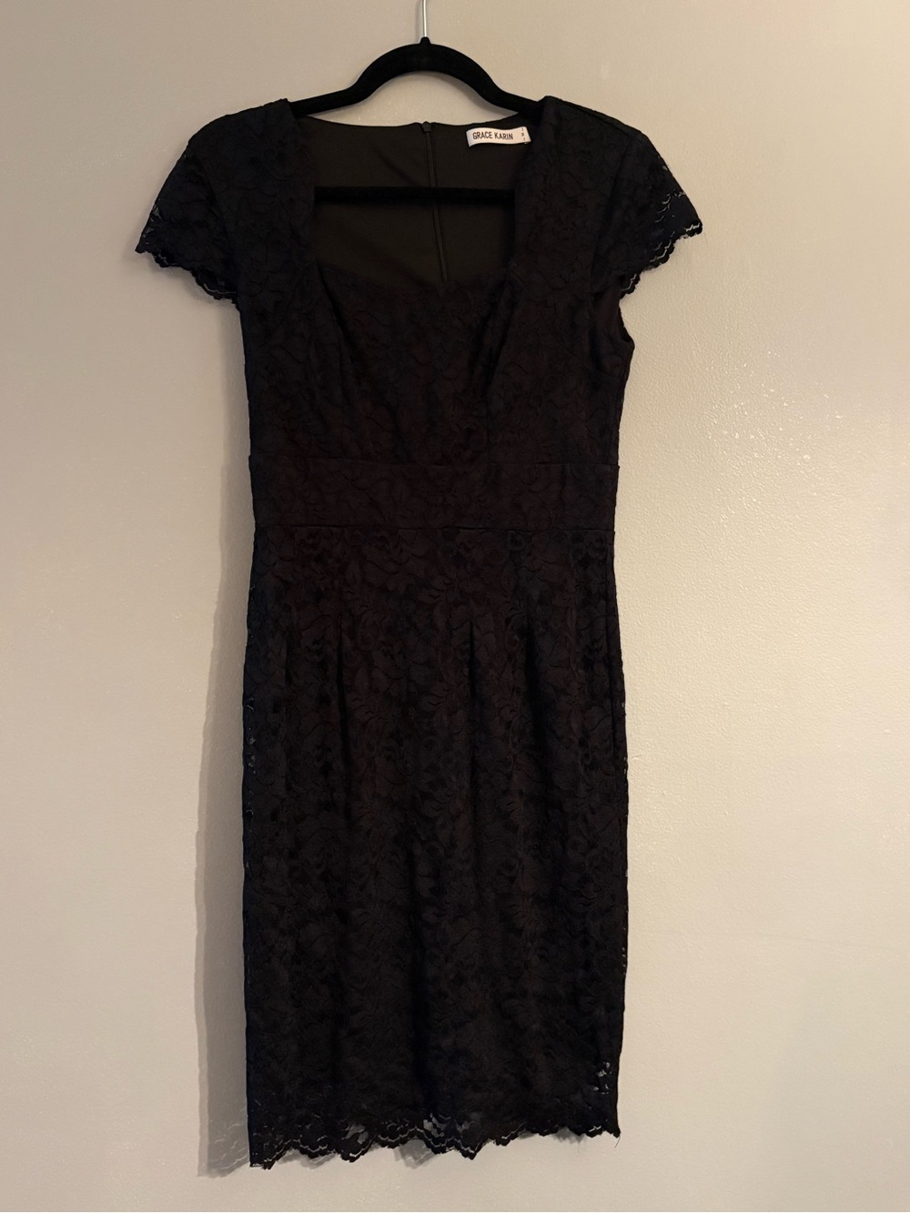 Grace Karin Black Lace Midi Cocktail Dress with Square Neck Cap Sleeves